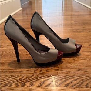 Jessica Gray Peep-Toe Platform Heels with Burgundy Patent Toe